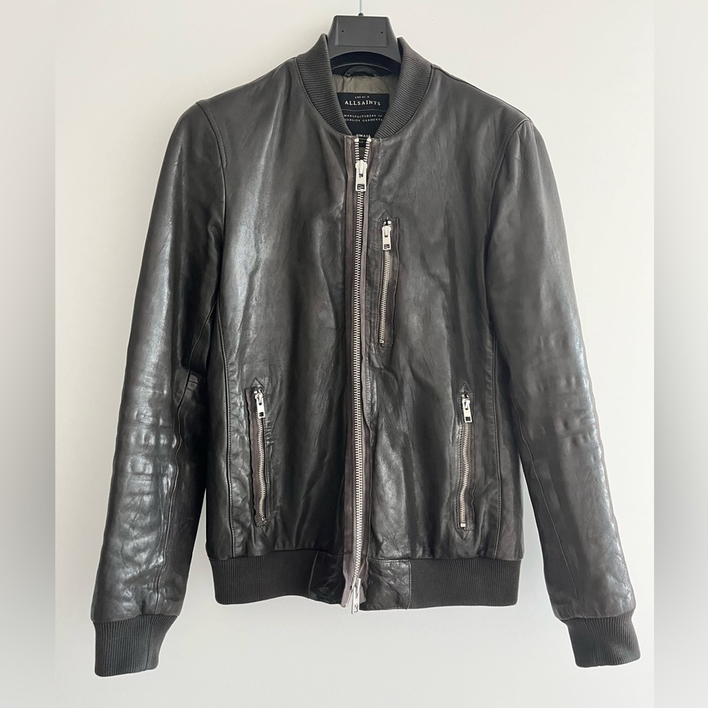 AllSaints Men’s Black Leather Bomber (Small).